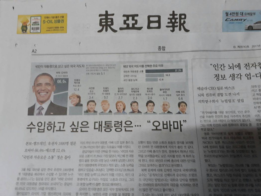 南韓「東亞日報」29日在要聞綜合版頭條以「最想進口的總統─歐巴馬」標題報導，民意...