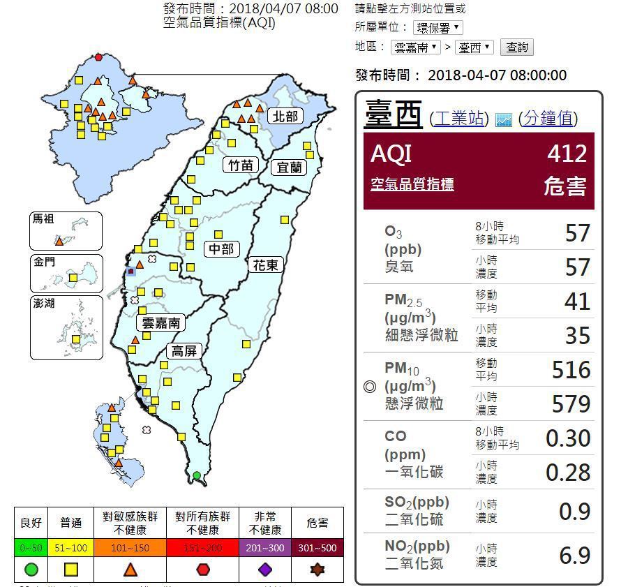 台西地區褐色警報，為對所有族群危害，應避免戶外活動。圖／翻攝自空氣品質監測網