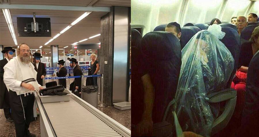 幾名哈雷迪猶太教徒過海關及登機時全程帶著眼罩（左圖），2013年有教徒搭機時全身...