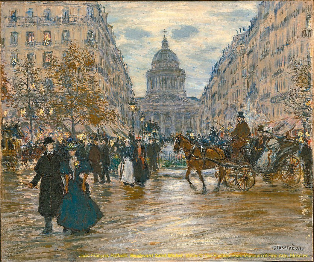 巴黎畫家哈斐利繪於一八九○年代的「聖米歇爾大道」，描繪雨後的巴黎街景。 圖／聯合...