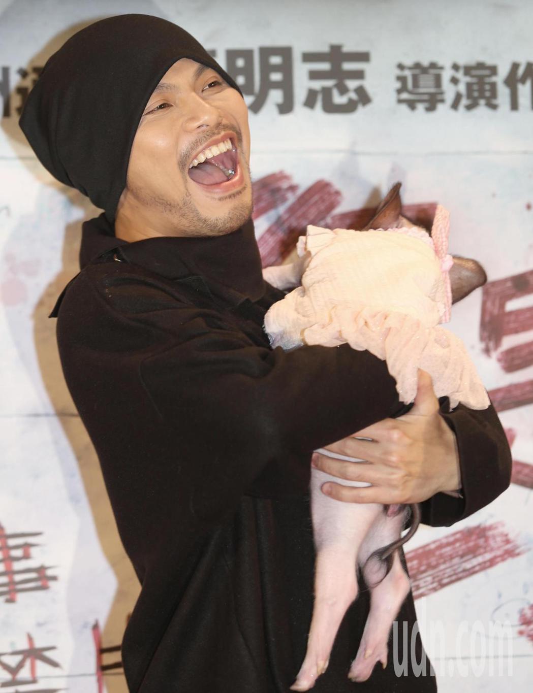 馬來西亞創作歌手黃明志抱著小豬出席最新執導電影「你是豬」首映會。記者侯永全/攝影
