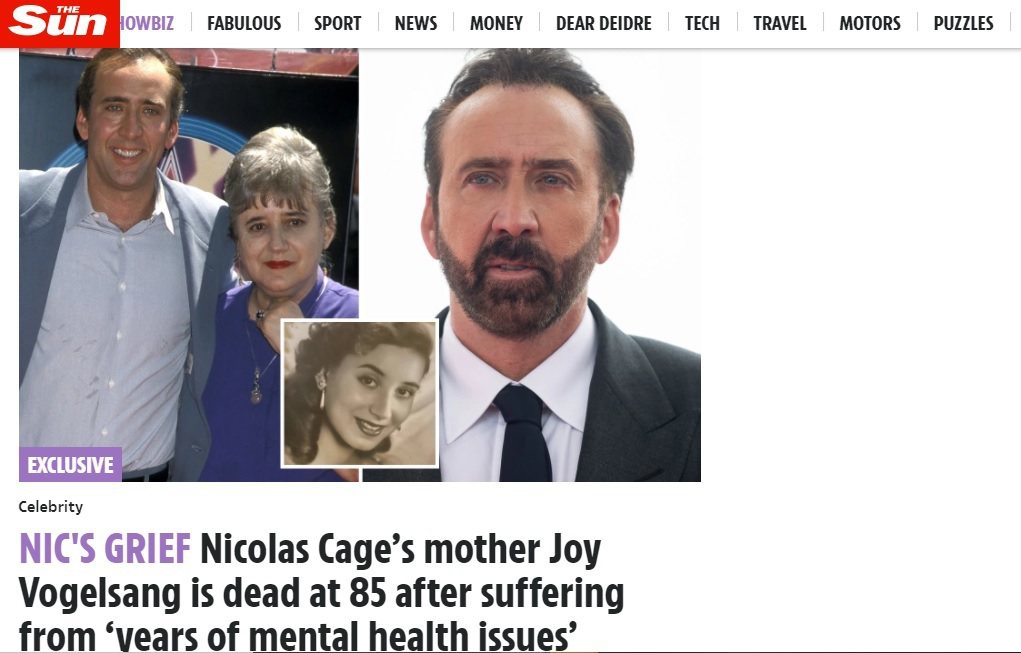 英國媒體報導尼可拉斯凱吉的母親已去世。圖／摘自The Sun