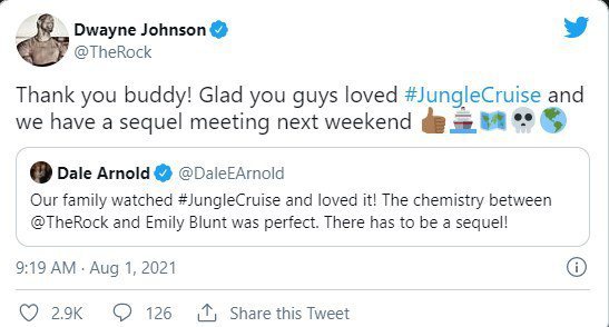 巨石強森在推特上證實「叢林奇航」續集正在洽談中。圖／摘自推特