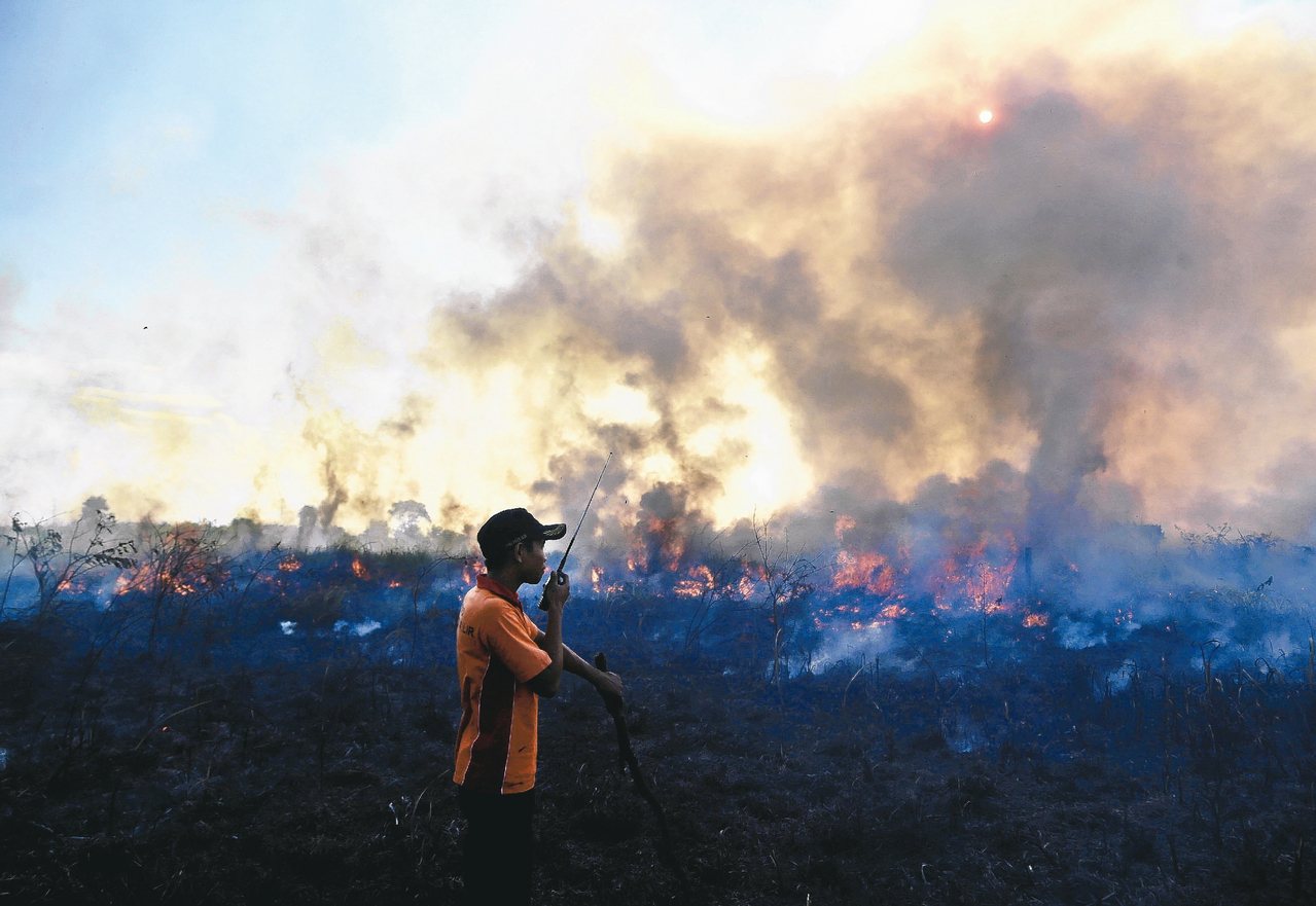 印尼消防人員和同僚聯繫，接洽若何處置泥炭地火警。 美聯社