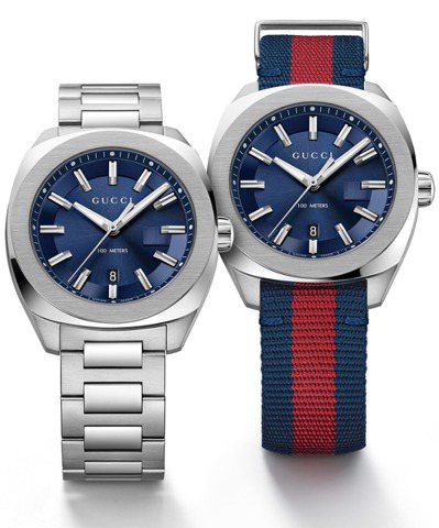 GG2570系列腕表，41mm，精鋼鍊帶建議售價30000元，藍紅藍帆布表帶建議售價29000元。 圖／Gucci提供