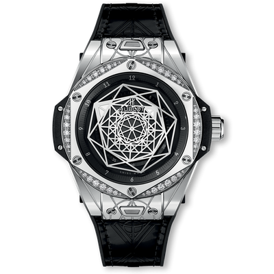 宇舶Big Bang Sang Bleu One Click刺青腕表，不鏽鋼表殼，表圈鑲嵌48顆鑽石，限量200只，約52萬元。圖／HUBLOT提供