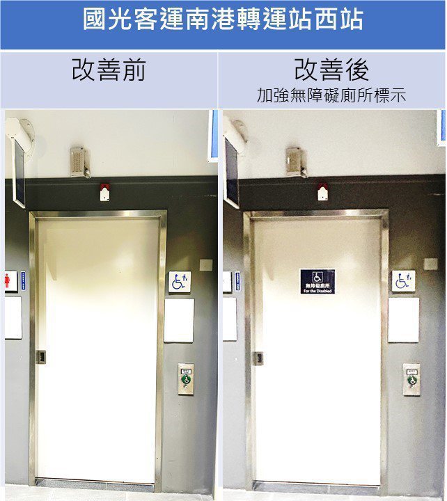 國光客運南港轉運站西站新增無障礙廁所引導指示。 圖／南港區健康服務中心提供