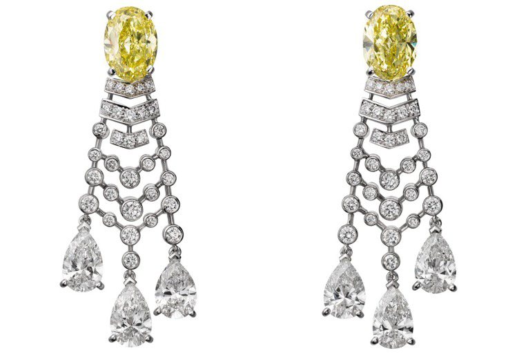 Merveilleux系列黃鑽耳環，鉑金，艷彩黃色橢圓形鑽石各3.02 克拉3.01 克拉，約3,620萬元。 圖／卡地亞提供