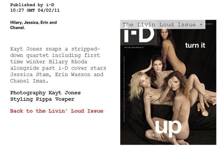 Jessica Stam在2011年早春和Erin Wasson、Chanel Iman、Hilary Rhoda為《i-D》雜誌拍攝了全裸照片。圖／擷取自i-D官網