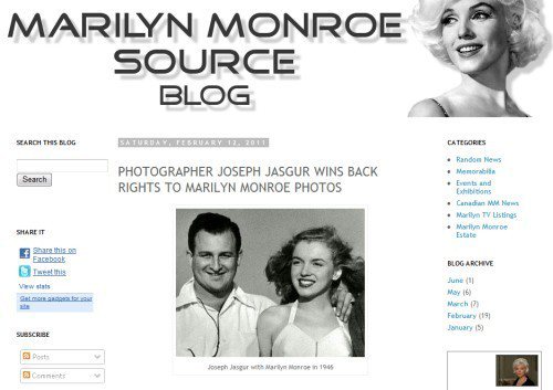 攝影師約瑟夫賈斯葛（圖中合照居左者，右為當年的夢露）曾為當時才剛入行的夢露拍攝一系列作品。圖／擷自Marilyn Monroe Source網站