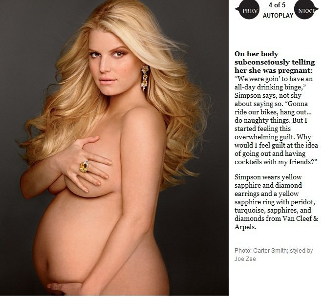 女星潔西卡辛普森效法黛咪摩兒等女星為「Elle」時裝雜誌拍裸體大肚封面。圖／擷取自Elle官網