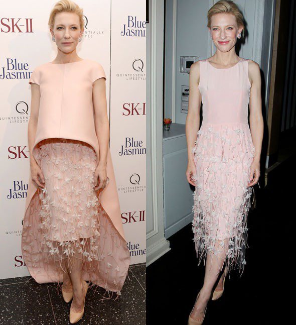 凱特布蘭琪出席《Blue Jasmine》紐約首映會，身穿Balenciaga.Edition系列的粉色洋裝，立體的長上衣與雕花裝飾連身裙搭配起來有種誇張高調的夢幻質感。圖／達志影像