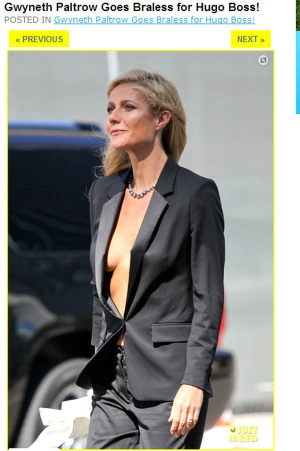 為了 Hugo Boss 的 Boss Jour Pour Femme 香水新廣告，葛妮絲近日在LA街頭以「單穿西裝外套」的造型火辣亮相。圖／擷取自justjared.com