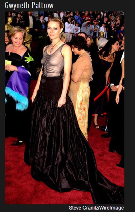 葛妮絲派特蘿在2002的奧斯卡典禮上穿了件恐怖的背心式長禮服，上身的背心布料非常詭異，帶點龐克風，隱約好像有「激突」現象，裙子則是異常厚重，呈現一種上下不平衡的狀況。圖／擷取自eonline.com