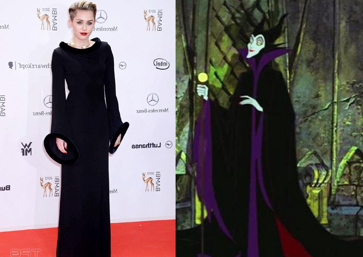 麥莉的 Gaultier 古董禮服寬袖和高領戲劇性十足，與《睡美人》中的 Maleficent 黑色長袍造型頗為雷同，相似度連飾演 Maleficent 真人版的裘莉都比不過。圖／達志影像、擷取自villains.wikia.com