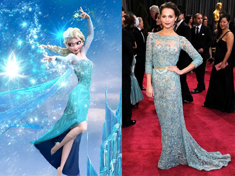 艾莉西亞維坎德在2013奧斯卡頒獎典禮上穿了 Elie Saab 藍綠色禮服，品牌慣用的水晶裝飾有如冰晶灑落在身上，和《冰雪奇緣》的 Elsa 造型非常相像。圖／擷取自womanandhome.com、迪士尼官網