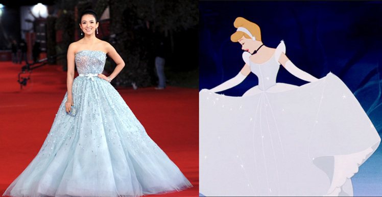 章子怡2011年在羅馬電影節的 Dior 禮服也「很仙度瑞拉」。大蓬裙和閃亮的寶石裝飾，展現有如仙度瑞拉變身當下的 bling bling 魔幻質感。圖／Dior提供、擷取自迪士尼官網