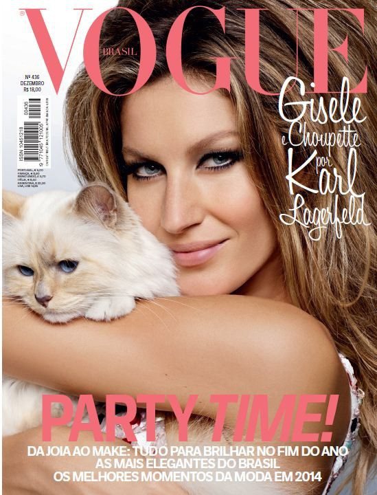 卡爾拉格斐的寵物 Choupette 近日和吉賽兒邦臣一起登上12月巴西版 VOGUE 雜誌封面。圖／擷自巴西版VOGUE