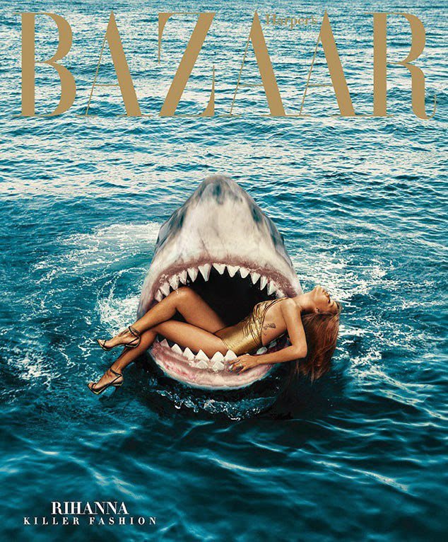 蕾哈娜近日受哈潑時尚誌邀請，和鯊魚一起拍照，成果更是有如驚悚片再現！話題十足。圖／擷自cafobia