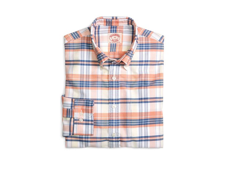 粉橘格紋休閒襯衫，3,680元。圖／BROOKS BROTHERS提供