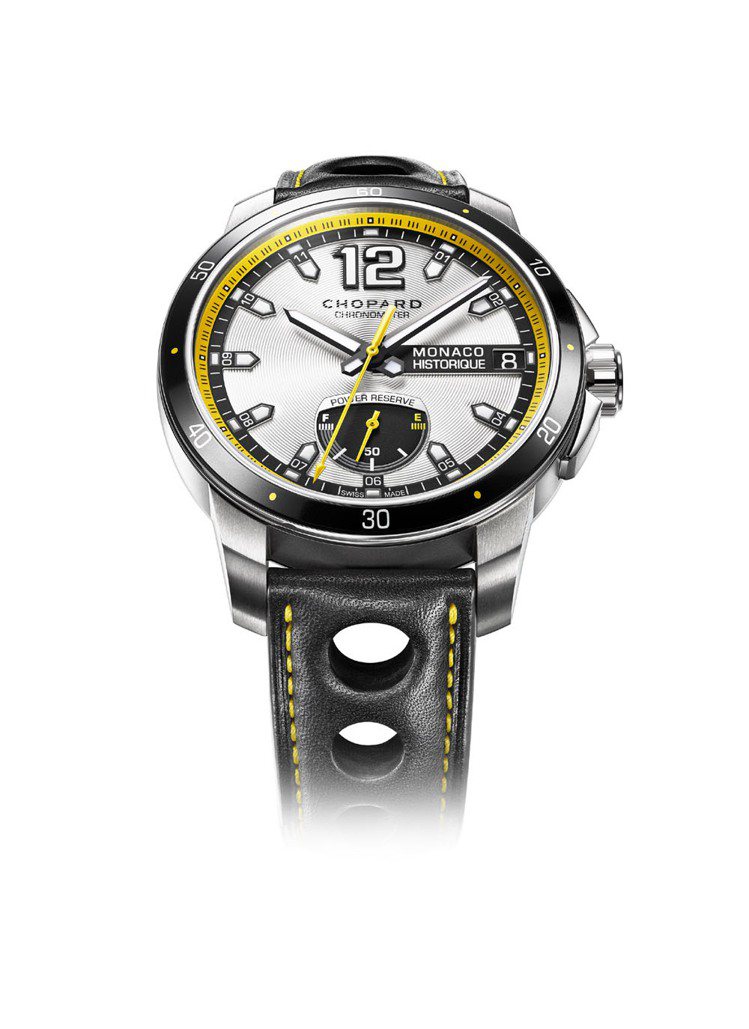 Grand Prix de Monaco Historique Power Control腕表，鈦金屬表殼，不鏽鋼表圈，44.5mm，自動機芯，COSC認證，22.9萬元。圖／蕭邦提供