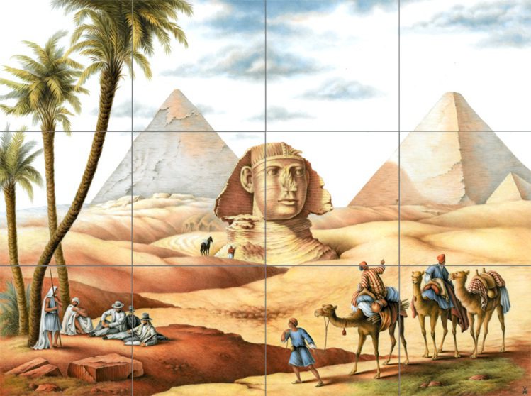 「世紀行旅」壁畫，是麥森少數以人面獅身像做為題材的創作，局部細節包括人物及樹木使用工筆畫，背景則運用水墨技法，在同一件作品呈現兩種畫風，展現托莫高超的繪畫技術。圖／國裕生活提供