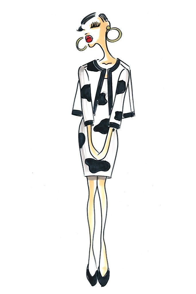 漫畫派：Jeremy Scott 為 Moschino 畫的草圖則是有誇張的妝髮，人物造型小巧可愛。圖／擷取自pinterest.com