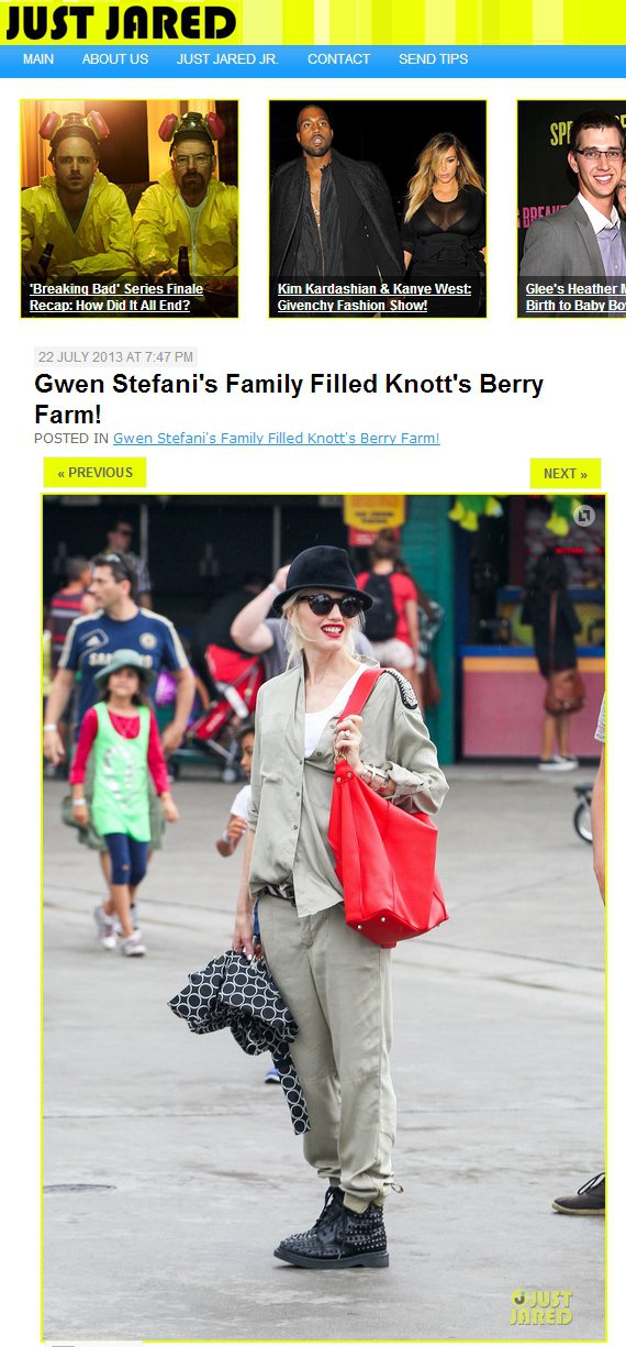 關史蒂芬妮（Gwen Stefani）若穿淺色服裝，也不忘搭配可愛的黑色帽子，讓整體造型看起來更Chic。圖／擷取自justjared.com
