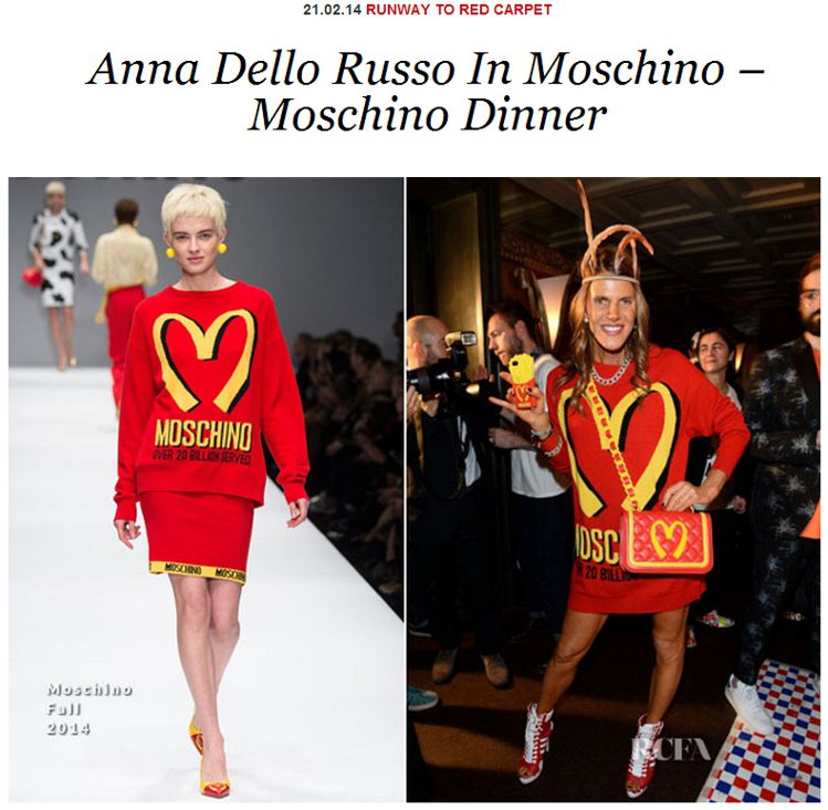 Anna dello Russo穿起 Moschino 最新秋裝盡情顯擺，這身仿麥當勞的運動風服飾，在鮮明的紅、黃色調鋪陳下充滿調皮惡搞的趣味，系列配件也讓人會心一笑。圖／擷取自redcarpet-fashionawards.com