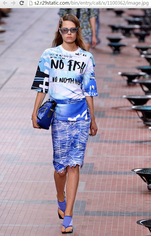 Kenzo 的 T-shirt 除了藍色漸層印花，大大的「NO FISH」手繪字眼，充滿海灘風的陽光味道。圖／擷取自s2.r29static.com