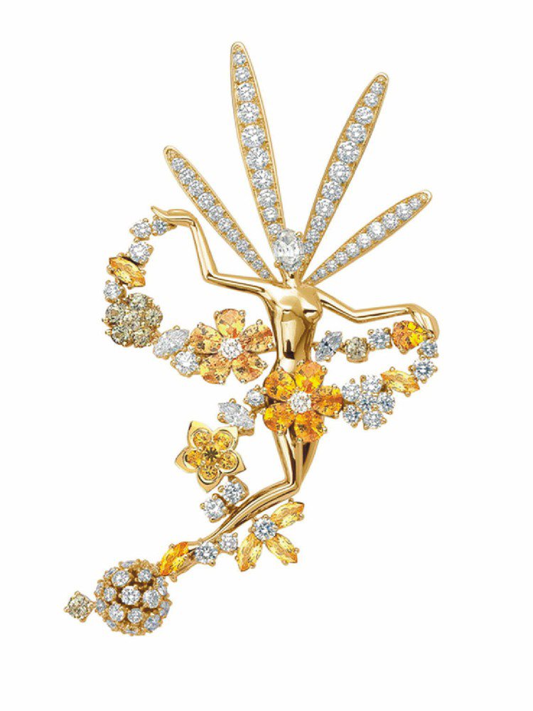 Folie des Pres仙子胸針，18K黃金鑲嵌鑽石和漸層黃色剛玉，378萬元。圖／梵克雅寶提供