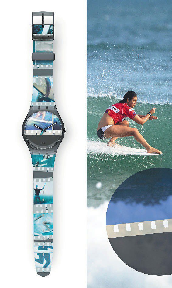 Swatch極限運動系列今夏推出6款新品，圖為結合衝浪和攝影概念的「奇妙的靈感」，2,100元。圖／Swatch提供