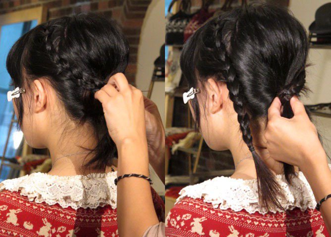步驟3.左右兩旁的頭髮綁完三股辮後繞上中間反摺的髮束，以髮夾固定。記者吳曉涵／攝影