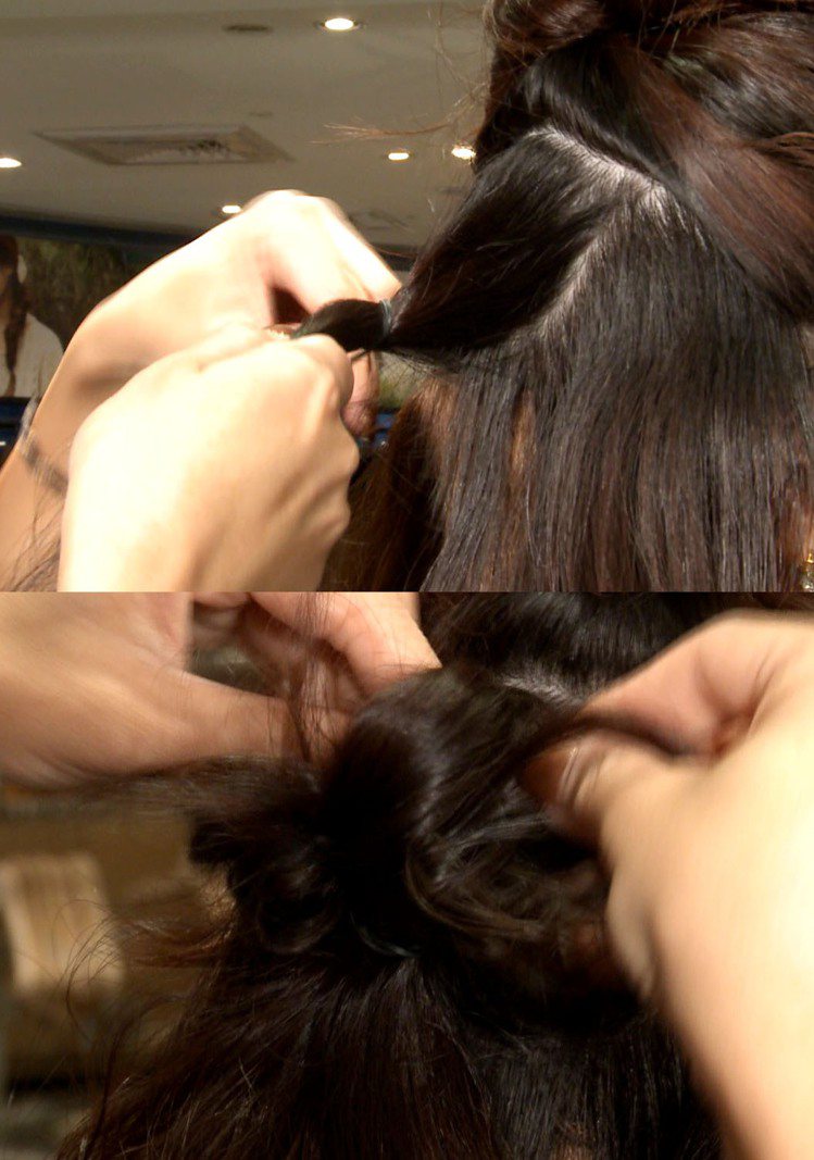步驟3.將中間區塊的頭髮1/3綁起來、抓亂，當做基座。記者石偉民、戴佳儀／攝影