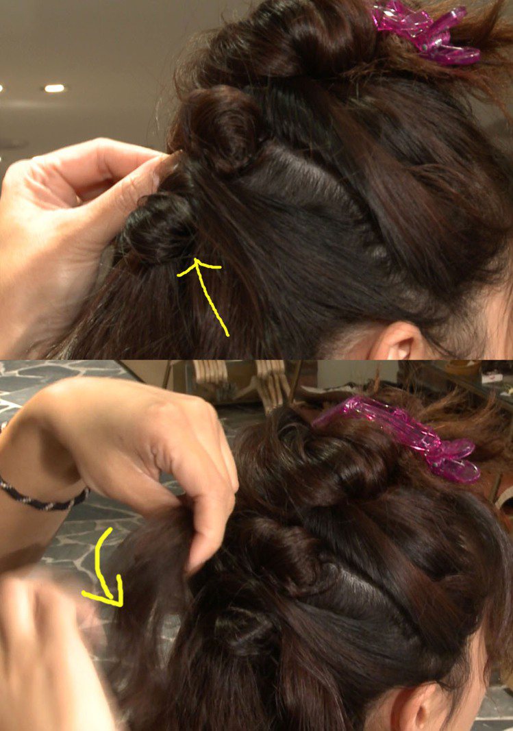 步驟4.從剩下的2/3髮束中，抓起左右兩邊耳後各一小撮頭髮扭轉、繞上基座，用髮夾固定。記者石偉民、戴佳儀／攝影