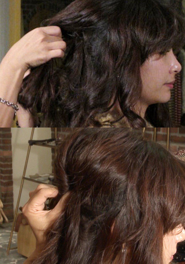 步驟5.將最上區頭髮放下，兩邊各留一小撮頭髮，其餘的扭轉疊上基座，用髮夾固定。記者石偉民、戴佳儀／攝影
