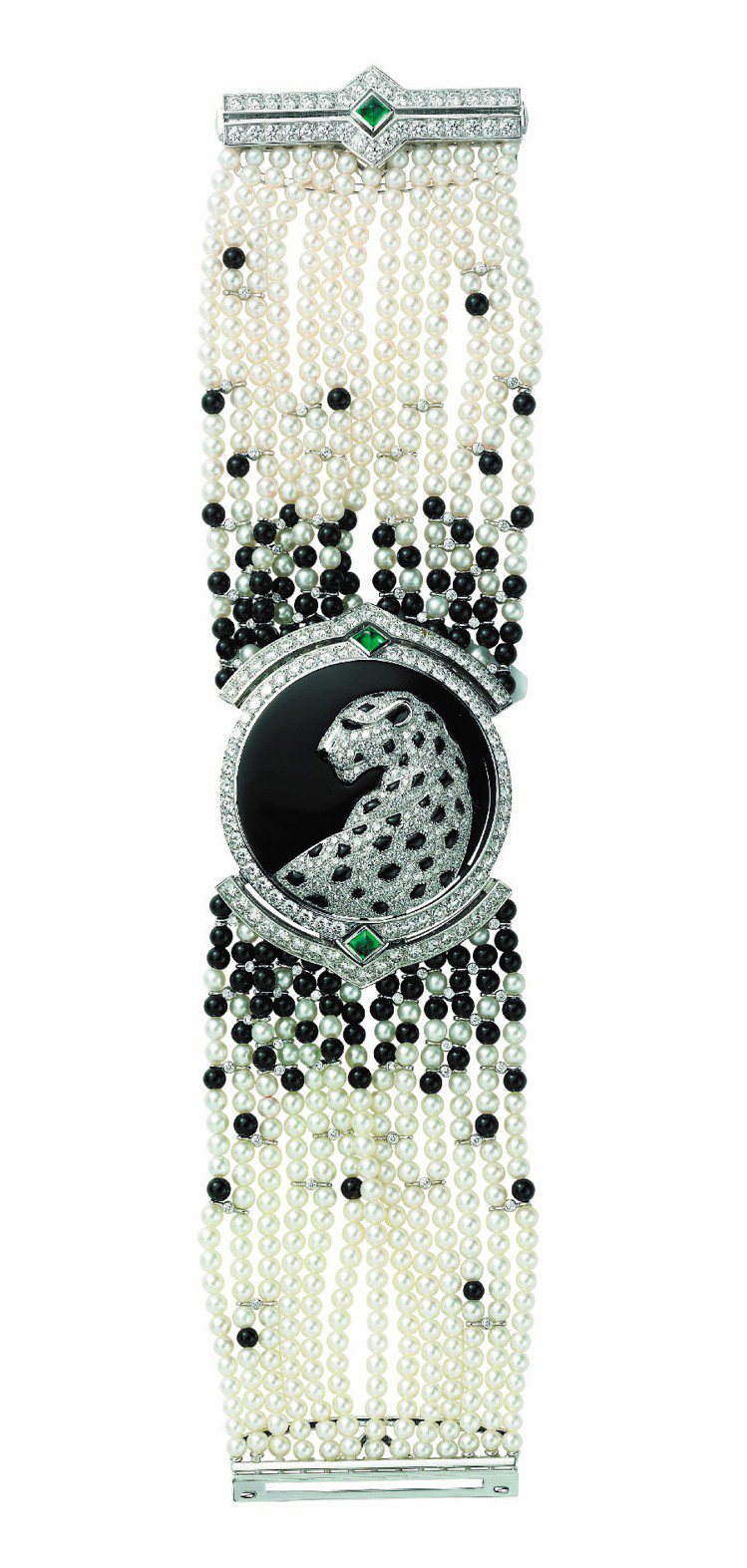 卡地亞高級珠寶神祕表，18K鍍銠白金鑲嵌鑽石與黑色縞瑪瑙，上下各一顆方型祖母綠，手鍊為珍珠與黑色縞瑪瑙珠，搭載石英機芯，2,010萬元。圖／Cartier提供