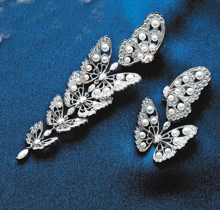 MIKIMOTO 120周年頂級珠寶，日本珠蝴蝶鑽石耳環，190萬元。圖／MIKIMOTO提供