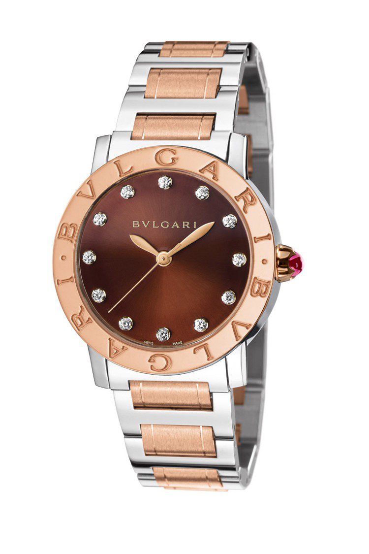 寶格麗Bulgari Bulgari玫瑰金精鋼計時腕表，33mm棕色面盤，28萬6,500元。圖／寶格麗提供
