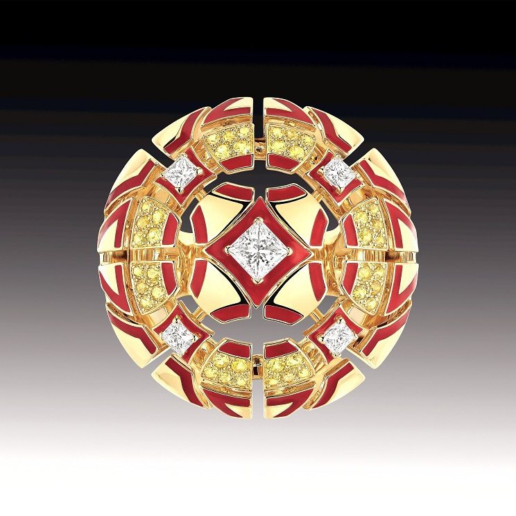 香奈兒Sunrise戒指，5顆總重1克拉鑽石，鑲嵌黃色藍寶石、紅色亮漆。1,813,000元。圖／CHANEL提供