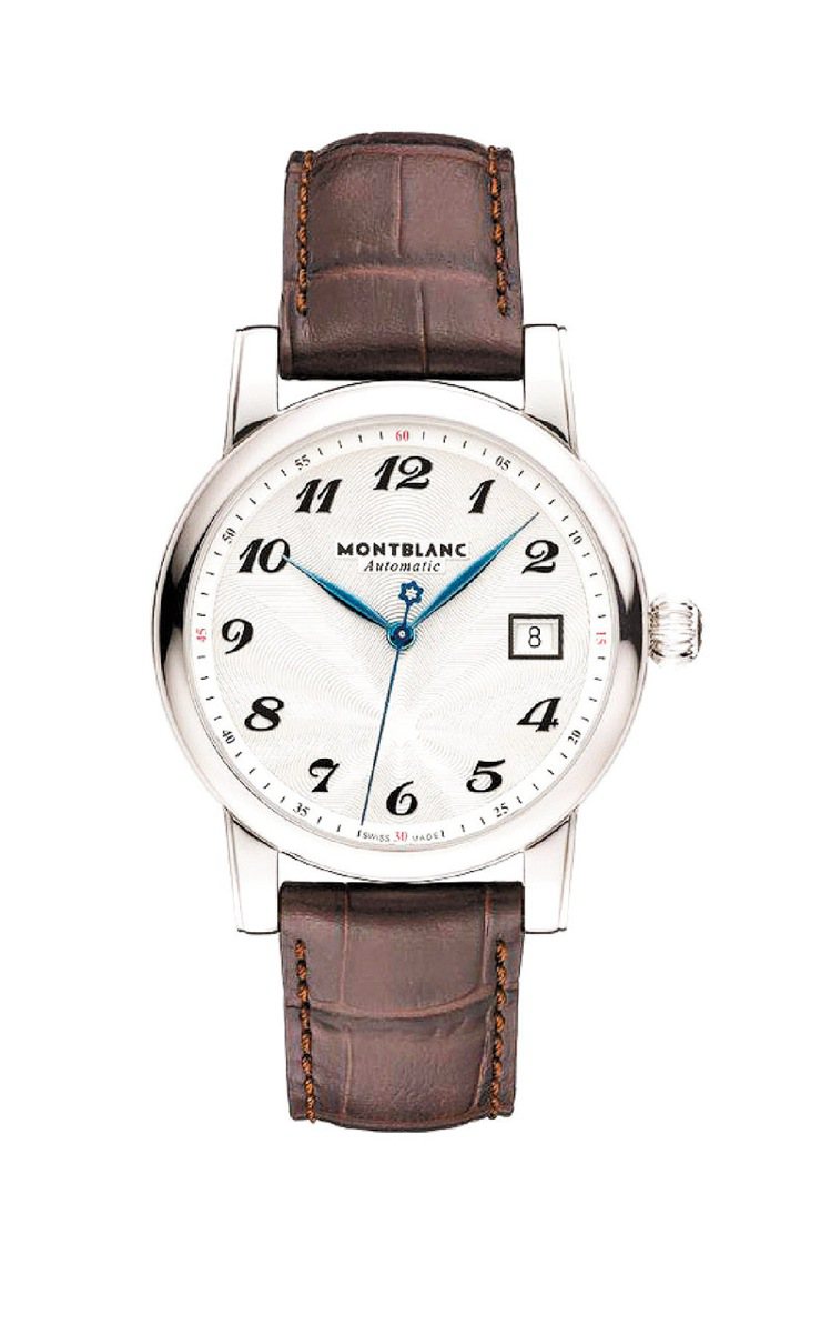 萬寶龍Star自動腕表，白色表盤、咖啡色表帶，80,800元。圖／萬寶龍提供