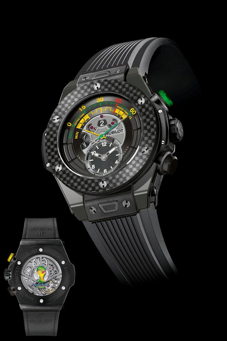 宇舶表Big Bang Unico雙逆跳計時腕表，是2014世界盃官方腕表，黑色陶瓷碳纖維表圈，82萬元。圖／宇舶表提供