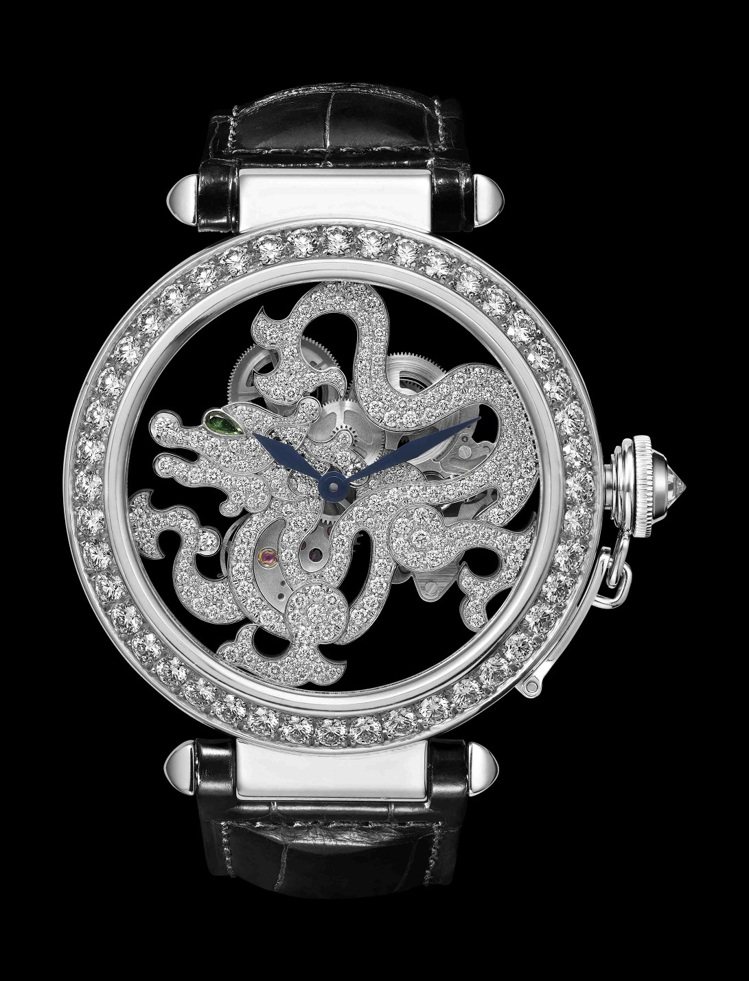 卡地亞Pasha de Cartier 龍形裝飾鏤空腕表，鱷魚皮表帶，406萬元。圖／Cartier提供