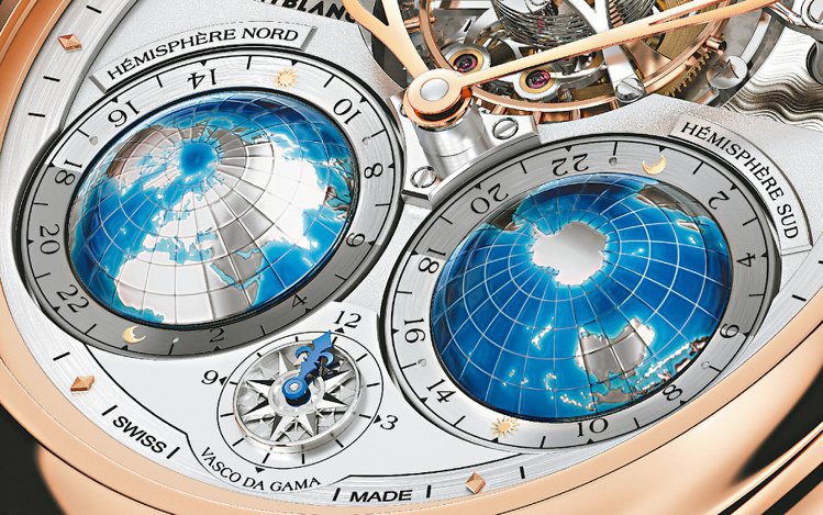 萬寶龍Villeret系列圓筒游絲陀飛輪限量腕表，表盤上有漂亮的南北半球地球儀，約833萬元，限量18只。圖／萬寶龍提供