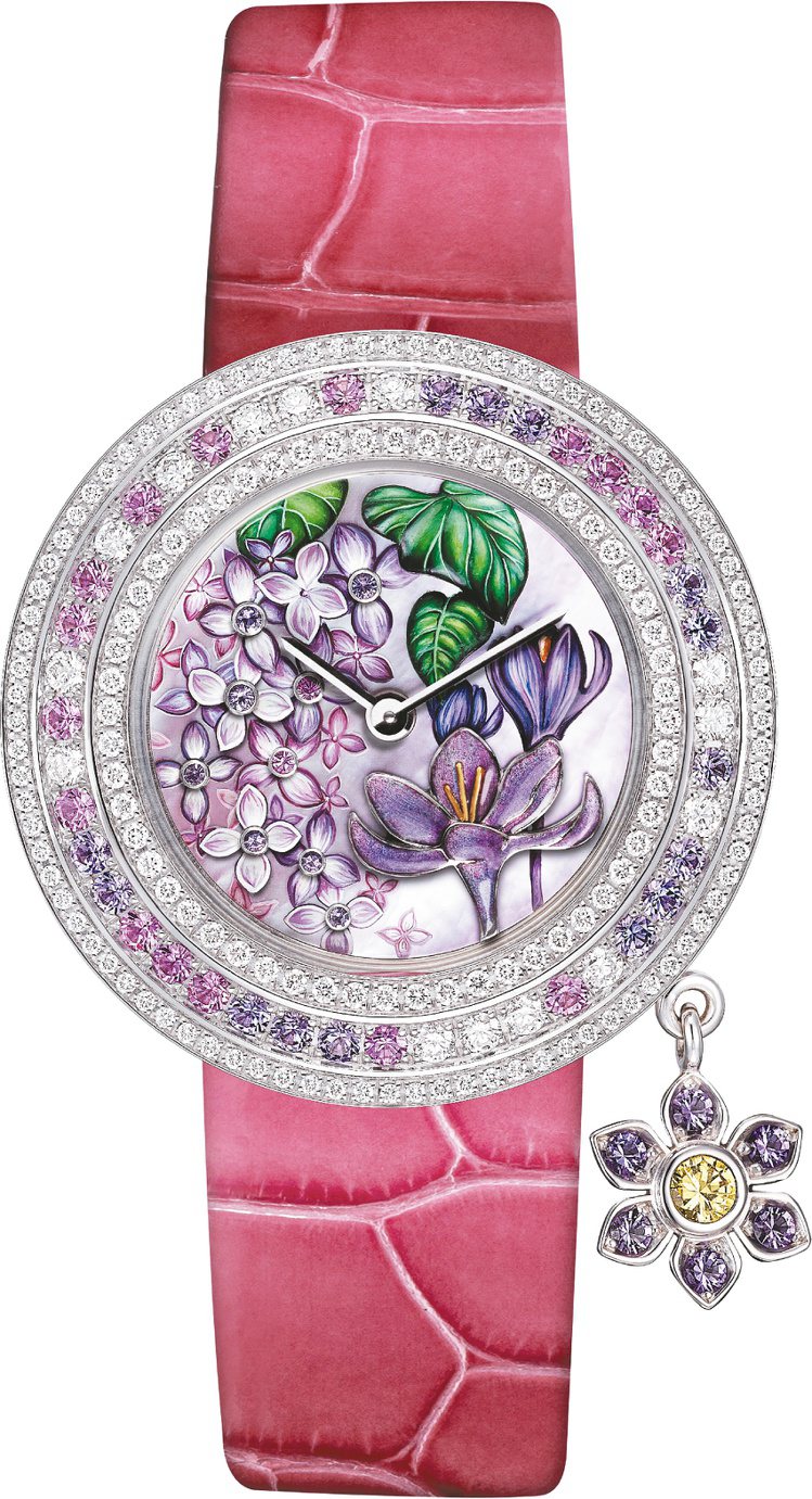 梵克雅寶Charms Extraordinaire Désir腕表，粉紅剛玉、紫水晶打造紫丁香，藏紅花化為吊飾，約239萬6,000元。圖／業者提供非報系