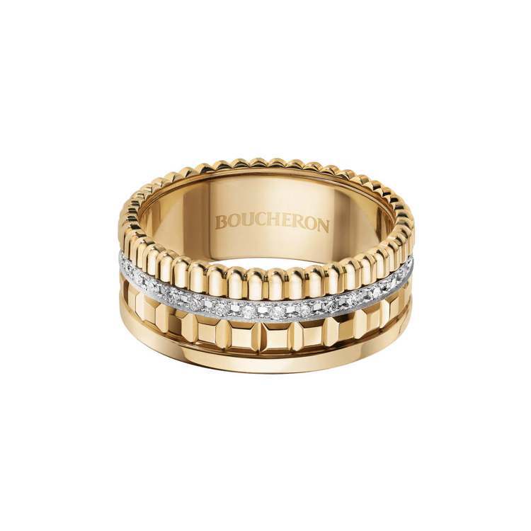QUATRE Radiant黃K金窄版鑽戒，鑲嵌25顆鑽石共0.51克拉，22萬7,000元。圖／Boucheron提供