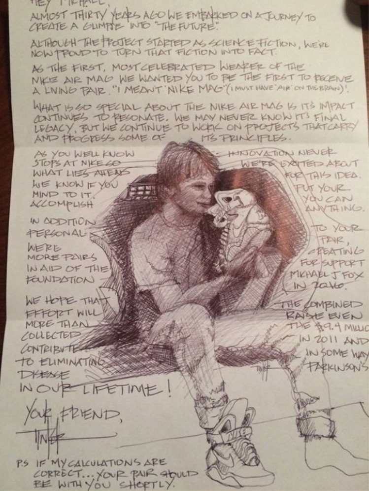 NIKE設計師Tinker Hatfield寫給米高福克斯的親筆信，表達他的致高敬意。圖／擷自米高福克斯twitter