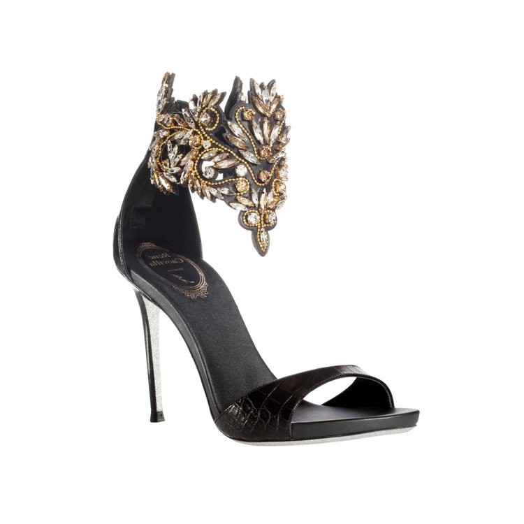 RENE CAOVILLA黑金水晶繞踝高跟涼鞋，售價60,000元。圖／RENE CAOVILLA提供
