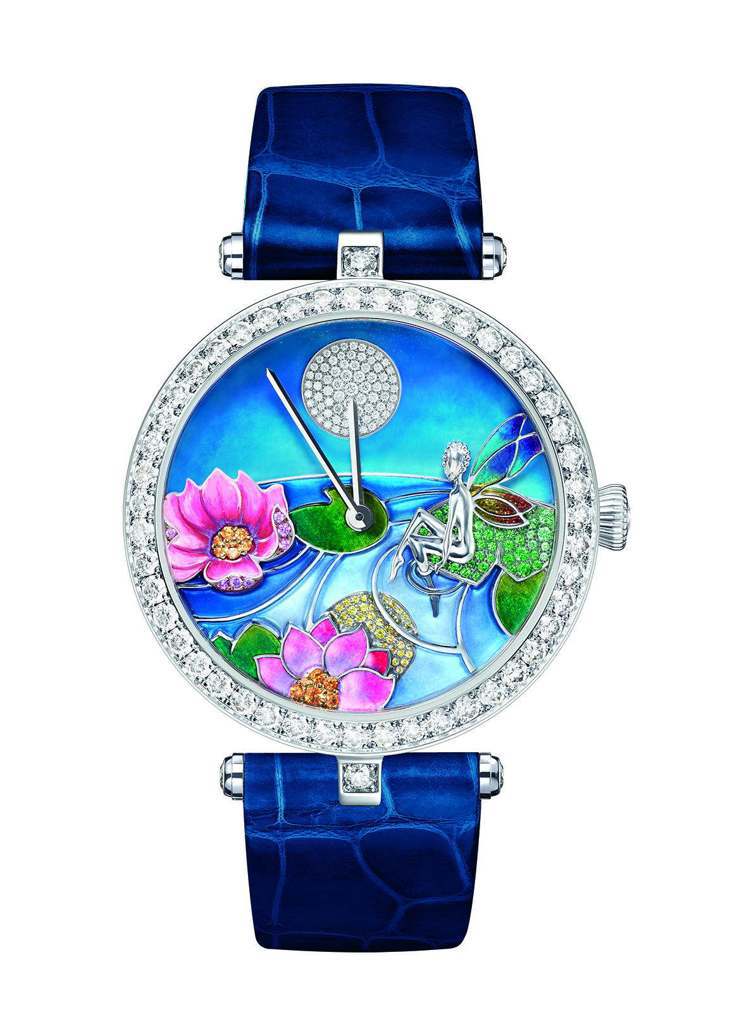 Lady Arpels Jour Nuit Fee Ondine 腕表，38mm白K金及鑽石表殼，自動上鍊機芯，每24小時運轉一次的表盤可看到太陽和月亮的輪替，此為月亮。約426萬5,000元。圖／梵克雅寶提供