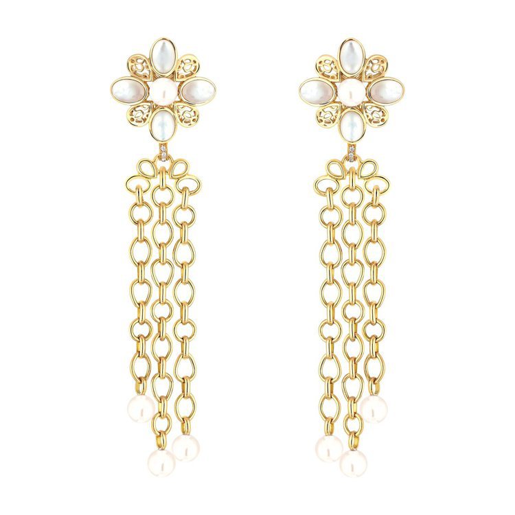 Perles Chaines 耳環，18K黃金，鑲嵌8顆明亮式切割鑽石，8顆日本養珠及白色珍珠母貝。建議售價30萬元。圖／香奈兒提供